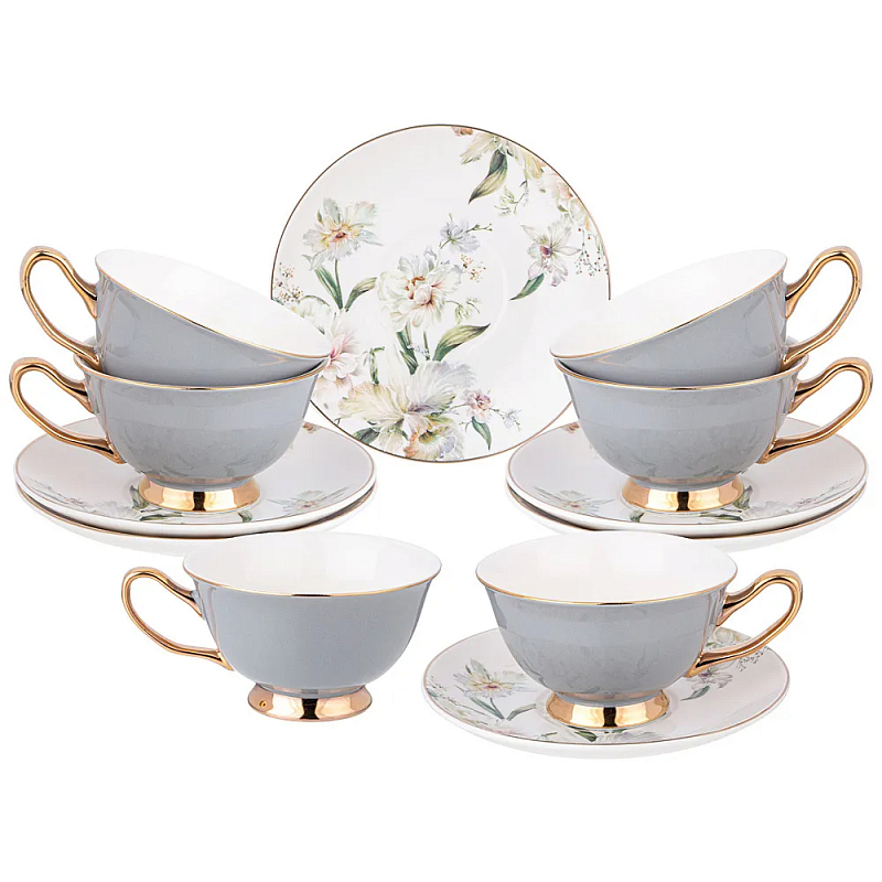 Чайный набор из фарфора на 6 персон Grey Tea Porcelain Set Белый Золотой Серый в Ижевске | Loft Concept 