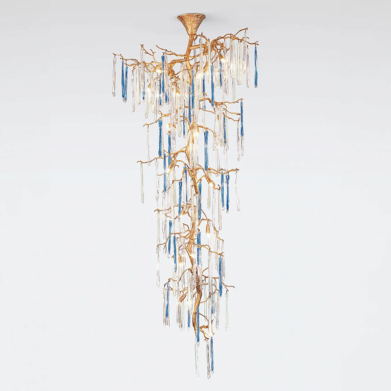 Люстра каскадная с прозрачными и голубыми подвесками в форме капель Droplet Chandelier Золотой Прозрачный Голубой Люстра каскадная с прозрачными и голубыми подвесками в форме капель Droplet Chandelier Золотой Прозрачный Голубой в Ижевске | Loft Concept