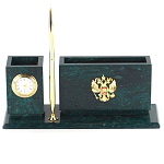 Настольный письменный набор с гербом России и часами из природного камня змеевик Successful Leader варинант исполнения - 1 | Loft Concept в Ижевске