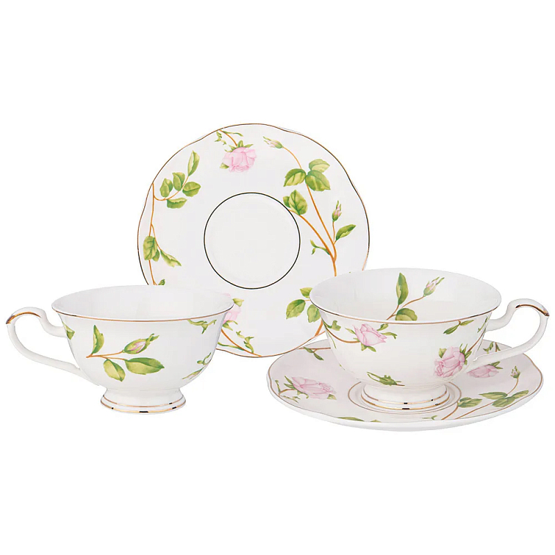 Чайный набор из фарфора белый с цветочным принтом на 2 персоны 4 предмета Flower Porcelain Collection Белый Мульти в Ижевске | Loft Concept 