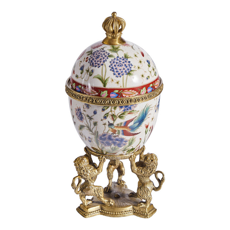 Шкатулка в форме яйца на величественных львах из фарфора с бронзовыми элементами Eden Garden Белый Черный Бронза Мульти в Ижевске | Loft Concept 