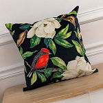 Декоративная подушка чёрная с изображением птиц и цветов Blooming Reds Birds варинант исполнения - 2 | Loft Concept в Ижевске