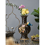 Ваза черная фарфоровая с  узором и бронзовым декором в виде веток с фарфоровой птичкой и цветами Eden Garden варинант исполнения - 2 | Loft Concept в Ижевске