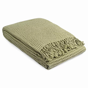 Плед из шерсти зеленого цвета с бахромой Waffle Comfort