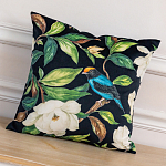 Декоративная подушка чёрная с изображением птиц и цветов  Blooming Blue Birds варинант исполнения - 2 | Loft Concept в Ижевске