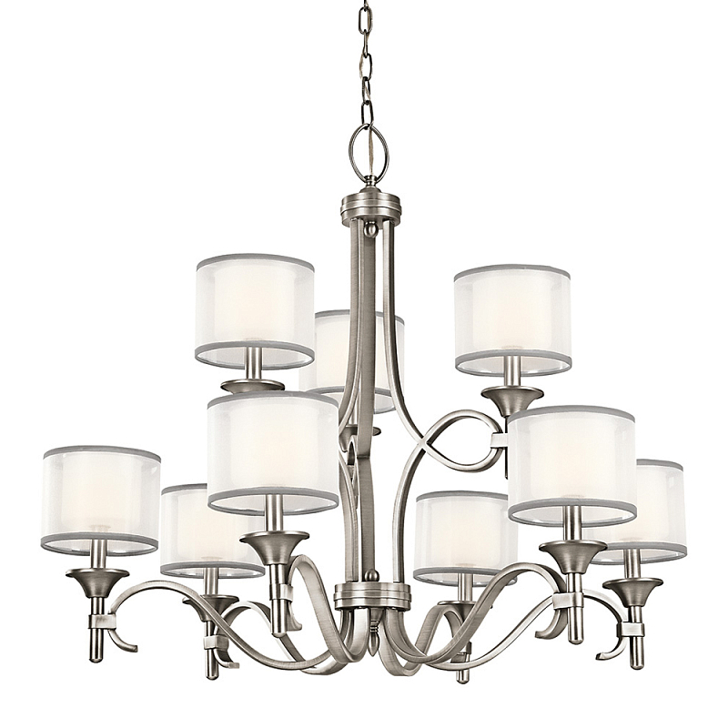 Люстра с белыми тканевыми абажурами в прозрачных стеклянных цилиндрах Kichler Белый Бежевый Никель Бронза Прозрачное Стекло в Ижевске | Loft Concept 